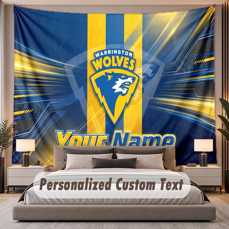 Custom Name Text Tapestry Warrington Wolves Personalized Polyester Wall Tapestry For Bedroom And Room