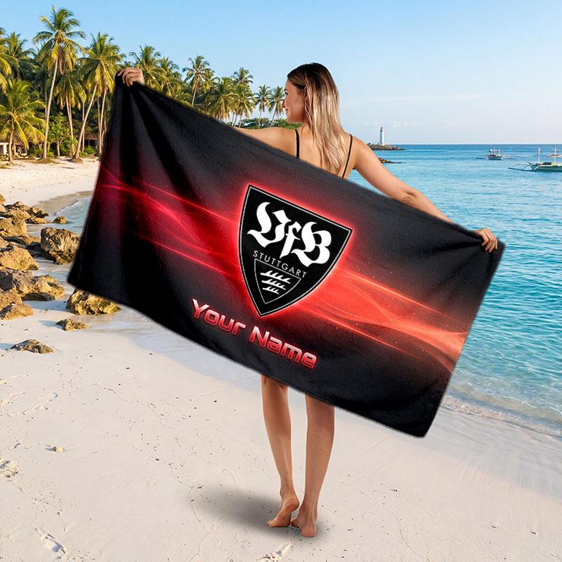 VfB Stuttgart FC Custom Beach Towel, Personalized Name Text Print, Football Logo Soft Quick‑Dry Towel Holiday Gift