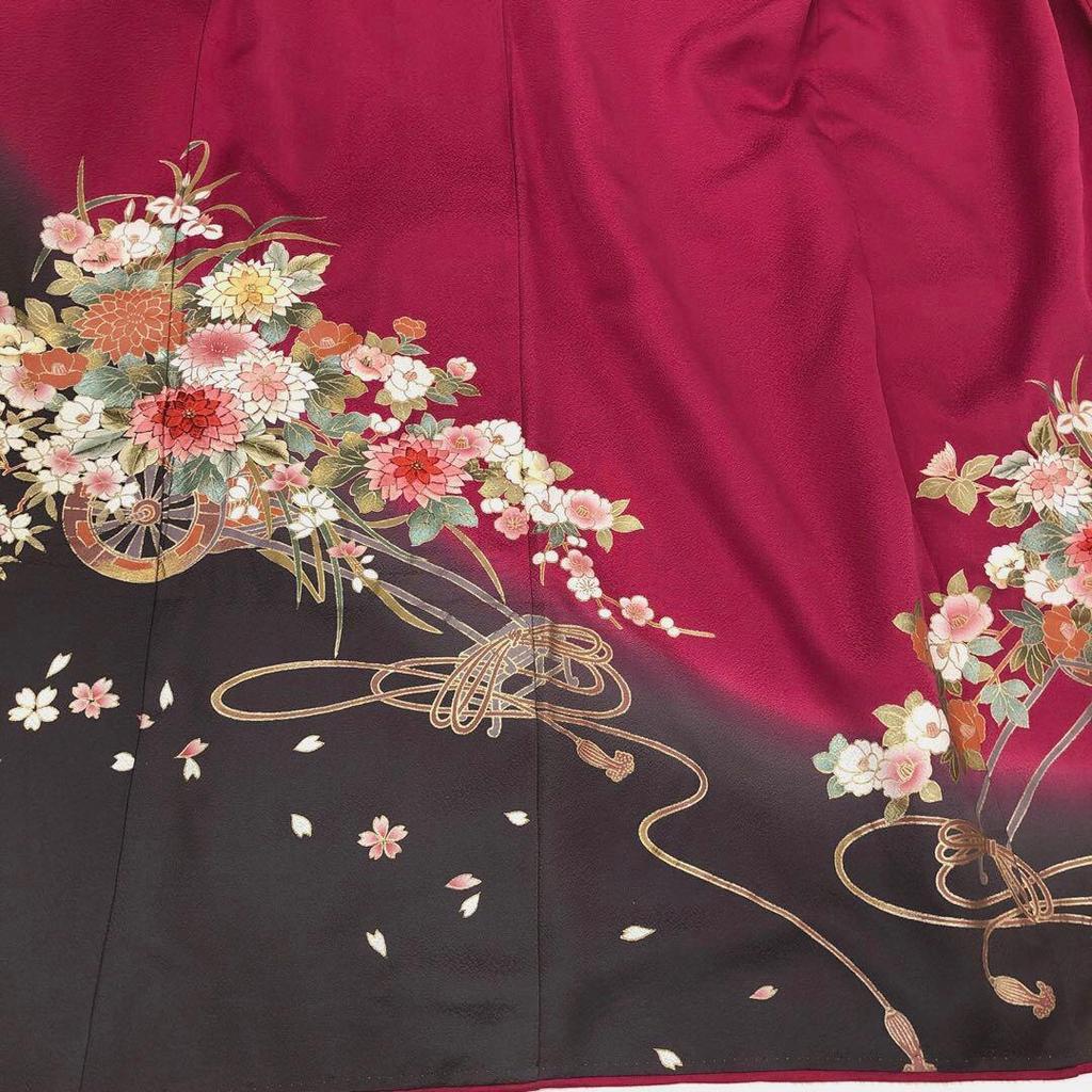 Used Kimono only, pink x gray, embroidered flowers, furisode, kimono, halo, flower carriage