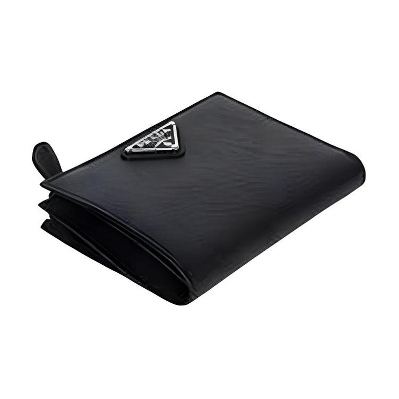 Prada Saffiano Enamel Metal Triangle Logo Snap Closure Natural Leather Wallet Women's Black
