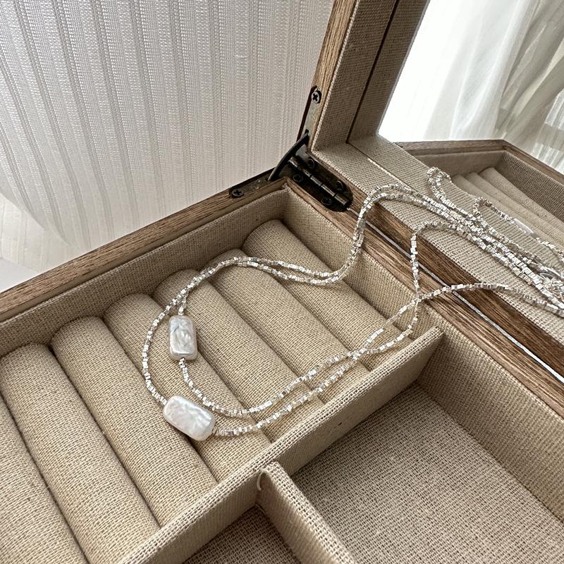 Корейское геометрическое ожерелье из стерлингового серебра 925 пробы с жемчугом - Неправильная многослойная цепочка для ключицы