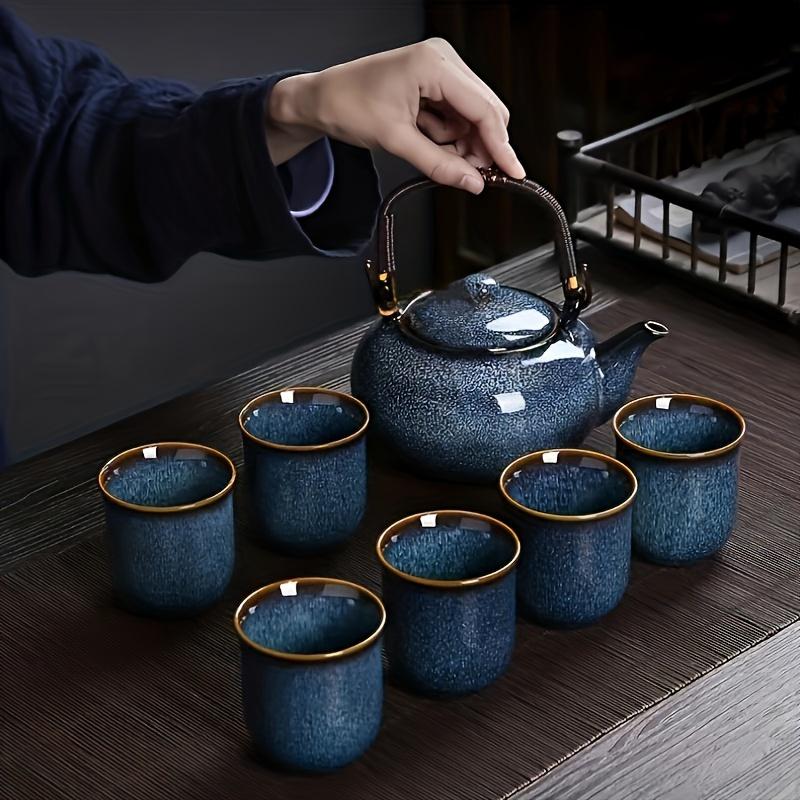 7 шт. Набор для смены посуды в синей подъемной балке для печи, чайный сервиз с 1 чайником и 6 чашками, уникальный китайский чайный сервиз для домашнего развлечения и подарков