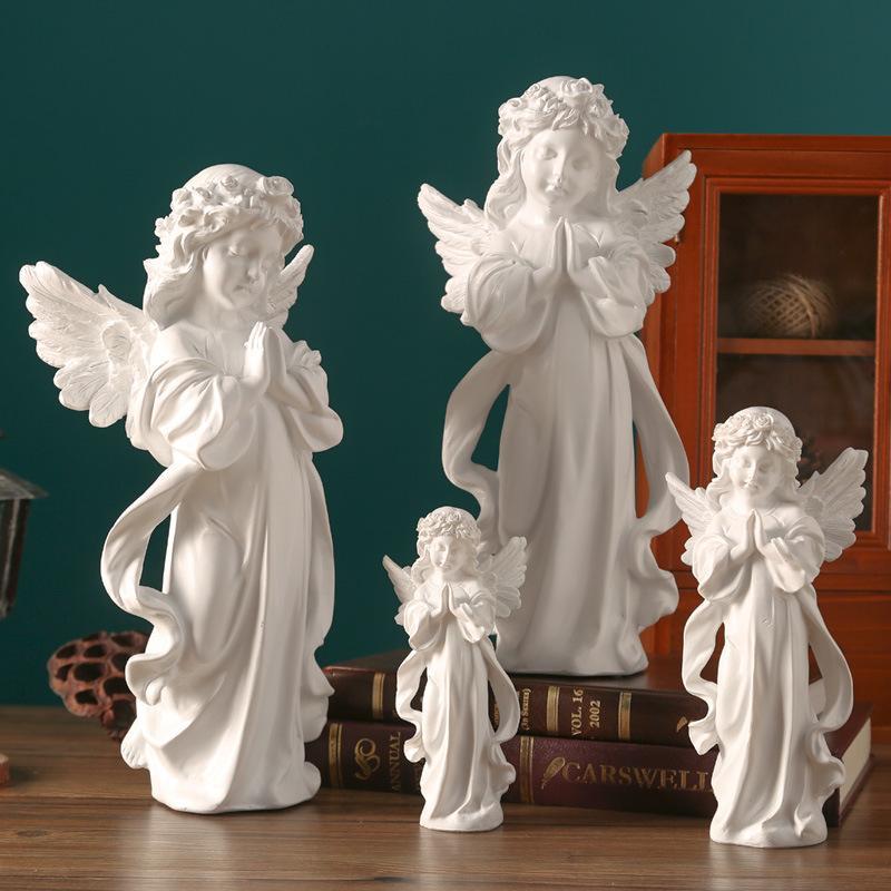 White Resin Praying Angel Figurine with Wings Floral Crown Elegant Desktop Shelf Ornament for Home Living Room Decor