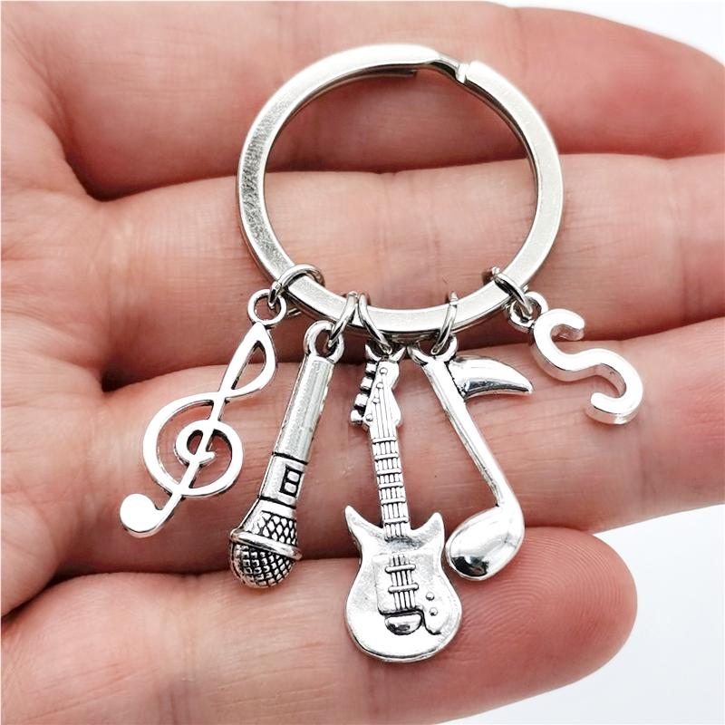 26 Letters Music Keychain Music Note Guitar Pendant Key Chain Microphone Keyring Creative Jewelry Gifts