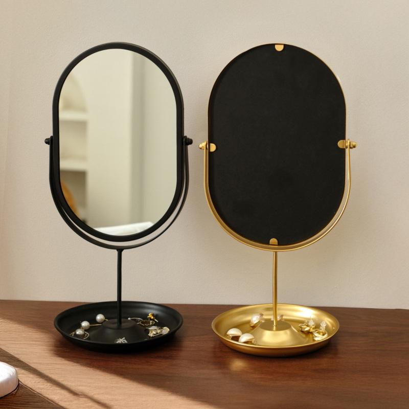 Dressing Table, Makeup Mirror, Home Master Bedroom, Light Luxury Beauty Mirror, Desktop Oval Vertical Wrought Iron Mirror