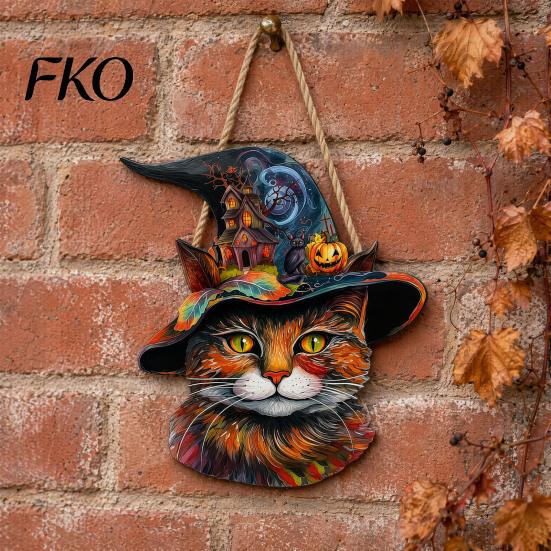 Outdoor Halloween Hanging Sign Wooden Door Sign, Cute Painted Cat Welcome Ornament with Witch Hat Haunted House Pumpkin, Rustic Wall Decor
