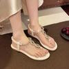 Beach Flat Toe Sandals New Summer Outwear Round Toe Open Toe Clear Rhinestone Soft Sole Non-Slip Roman Sandals
