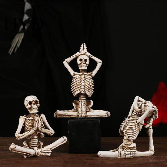 Gothic Yoga Skull Decoration Halloween Skeleton Statue, Funny Dead Figure for Party Decor, Combination Posture Decor Resin Ornament Haunted