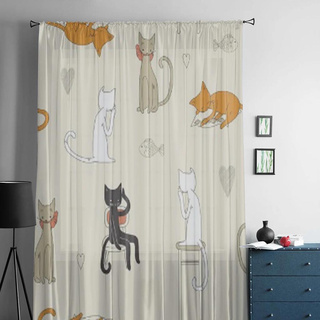 Тюлевые прозрачные шторы с рисунком кота для украшения гостиной, занавески для комнаты, спальни, кухни, вуаль, занавески из органзы