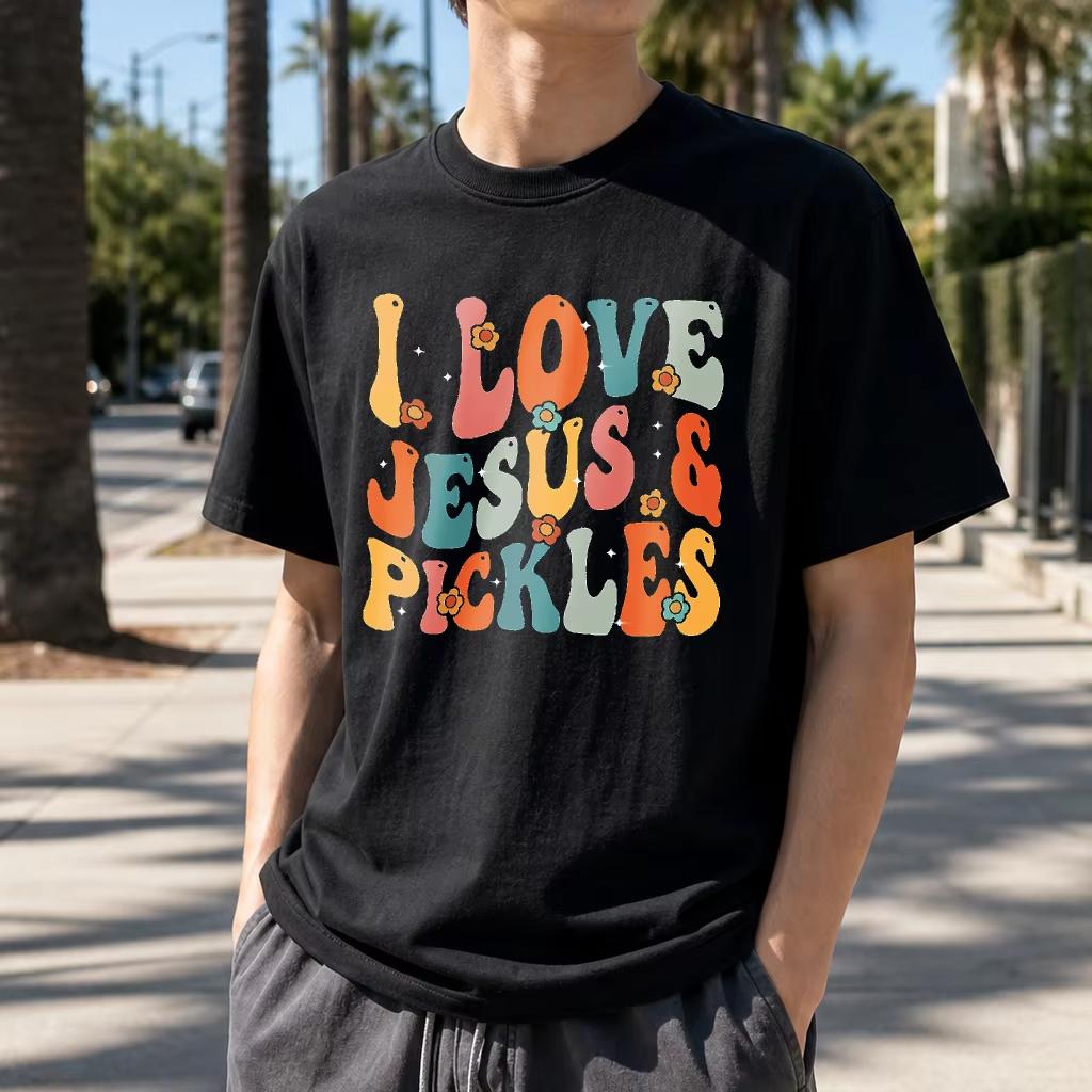 Jesus And Pickles Faith Humor Unisex Summer Fashion T Shirt Groovy Retro Font Graphic Tee Casual Summer Streetwear Top