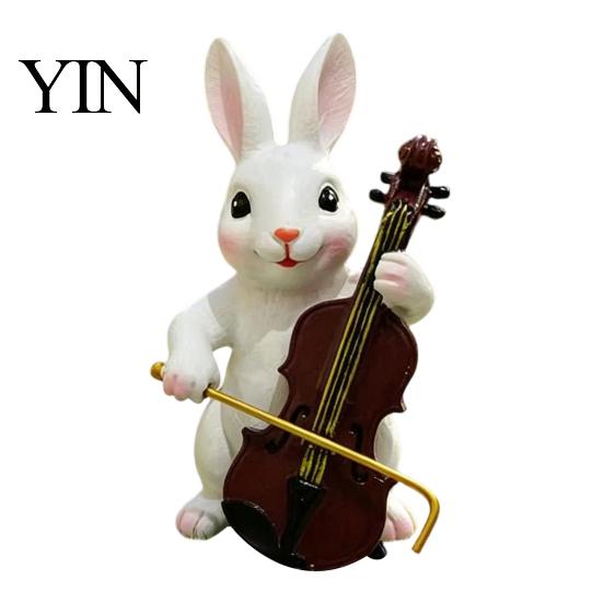 Decorative Garden Ornament Cute Rabbit Playing Violin Ornament, Synthetic Resin Animal Figurine, Durable Waterproof Figurine Realistic Hand