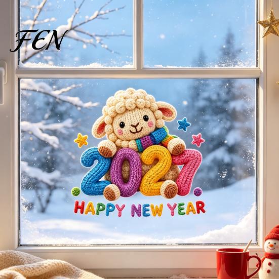 Non Adhesive Glass Clings Chinese New Year Window Stickers, 2027 Goat Static Clings, Reusable Removable Holiday Stickers Crochet Knit Lamb Decor