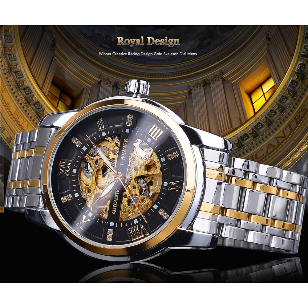 WINNER Часы мужские автоматические механические с бриллиантовым циферблатом из нержавеющей стали со скелетонизированным механизмом и светящейся стрелкой SLZg108