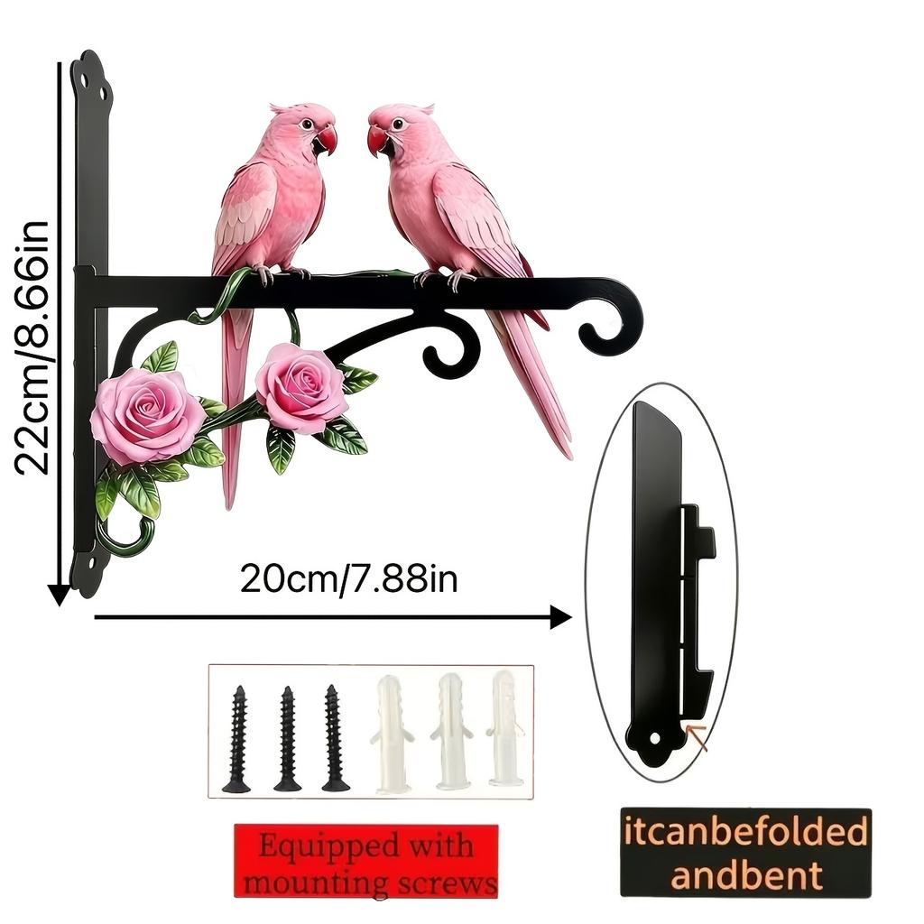 1Pc Metal Pink Wall Outdoor Hanger With Two Parrot Theme Design, Brightly Colored, Rust-Proof And Sun-Resistant, Comes With Mounting Screws, Very