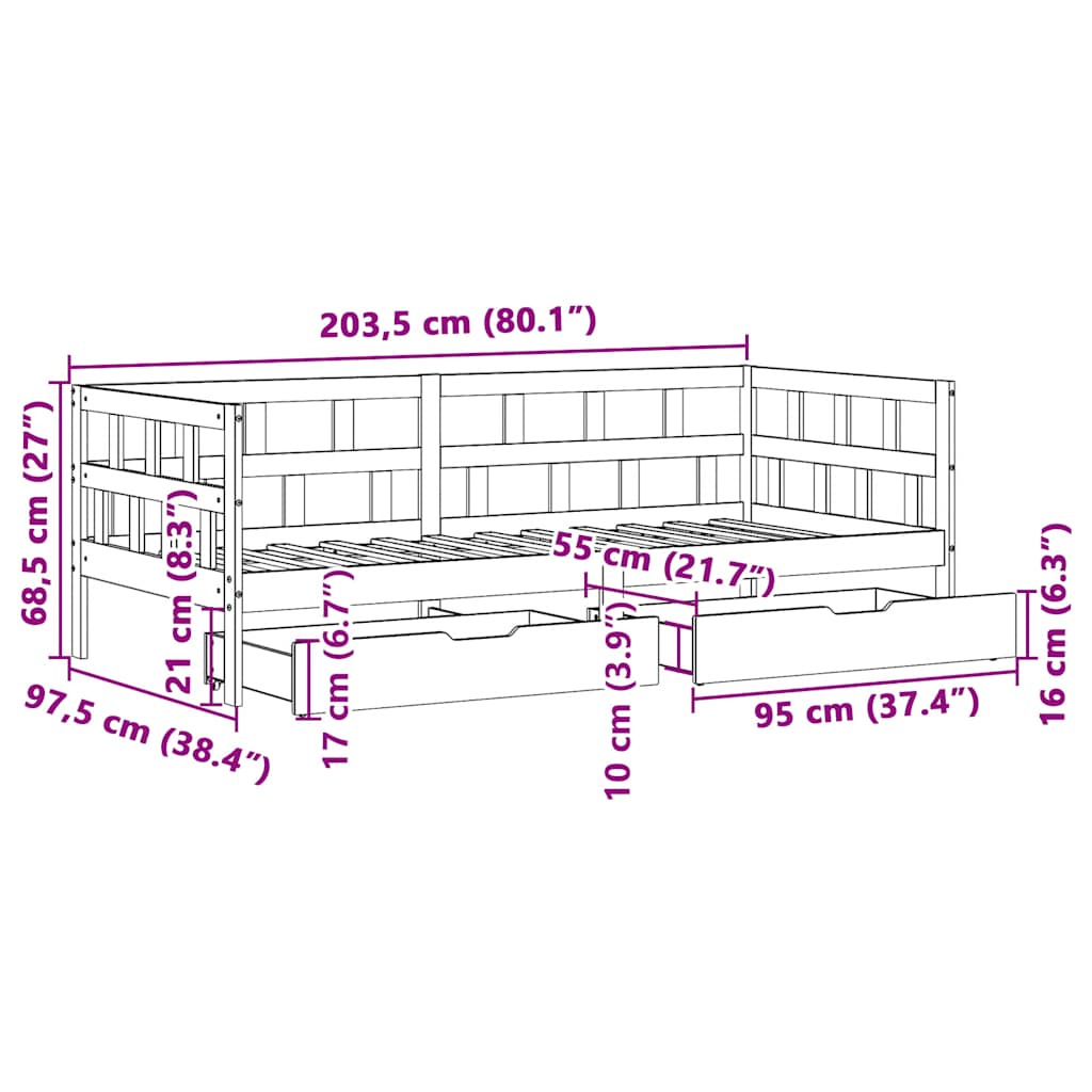Daybed with Drawers without Mattress 90x200 cm Solid Wood