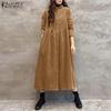 Women Casual Turn Down Collar Long Sleeve Retro Long Dress