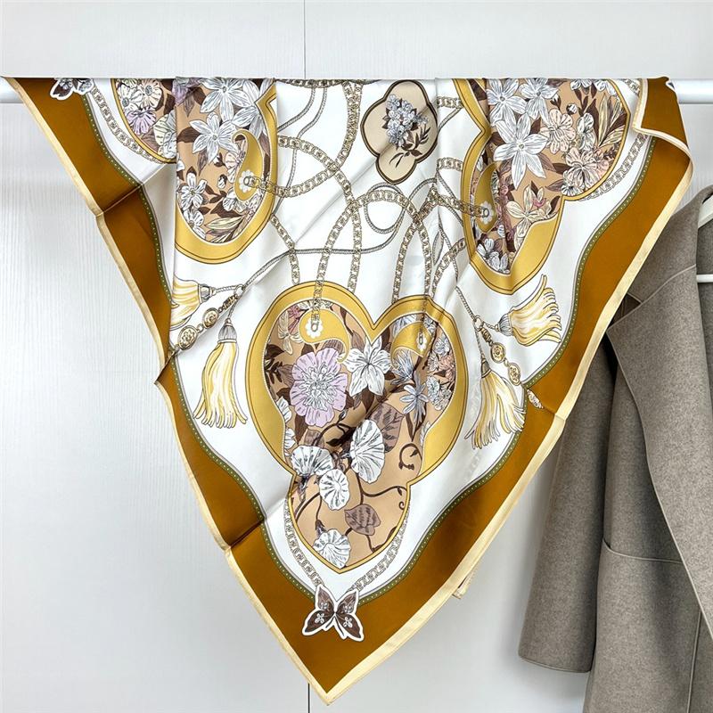 88*88cm 100% Mulberry Silk Retro Floral Garden Oil Painting Pattern Square Scarf Thin Sunblock Beach Towel Shawl Neckerchief
