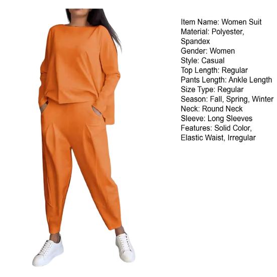 2 шт./комплект женский топ брюки костюм круглый вырез длинный рукав сплошной цвет