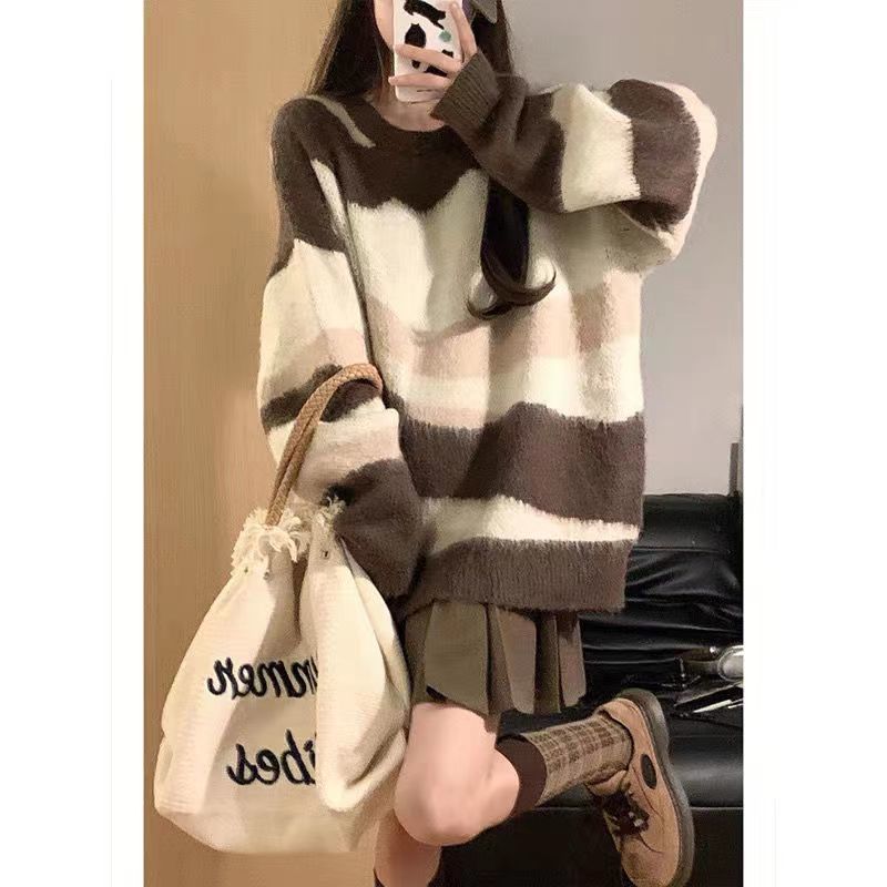 Свободный свитер в винтажном стиле в японском стиле, ленивый пэчворк, панельный, в полоску, женский, осенний, с круглым вырезом, длинным рукавом, вязаный топ с резинкой