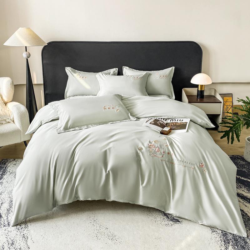 Легкая роскошь Высококлассный Класс А Чистый хлопок Комплект из четырех предметов для кровати Вышивка Приятный для кожи Дышащий Удобный Простыня Пододеяльник Наволочка