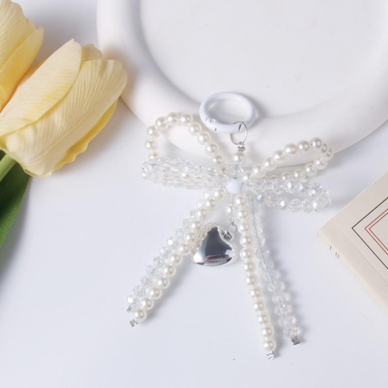 Y2K Bowknot Pearls Bag Pendant Charm Heart Keychain Elegant Beaded Keyring Sweet Bow Phone Key Chain