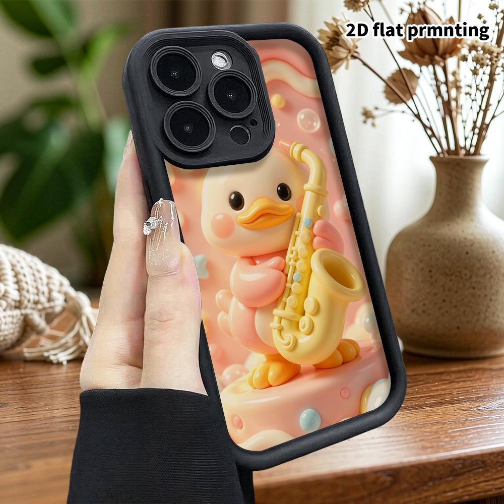 Phone Case: 2D flat design suitable for iPhone 18 17 16 15 14 13 Pro protective case, little yellow duck with a saxophone, perfect Christmas and Hallo