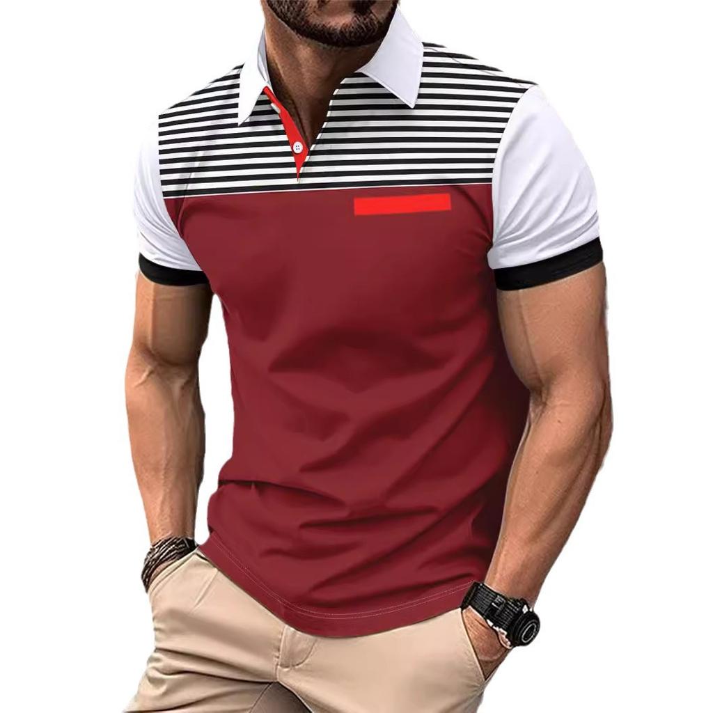Летняя мужская повседневная рубашка-поло с коротким рукавом и принтом в полоску с фальшивыми карманами и лацканами
