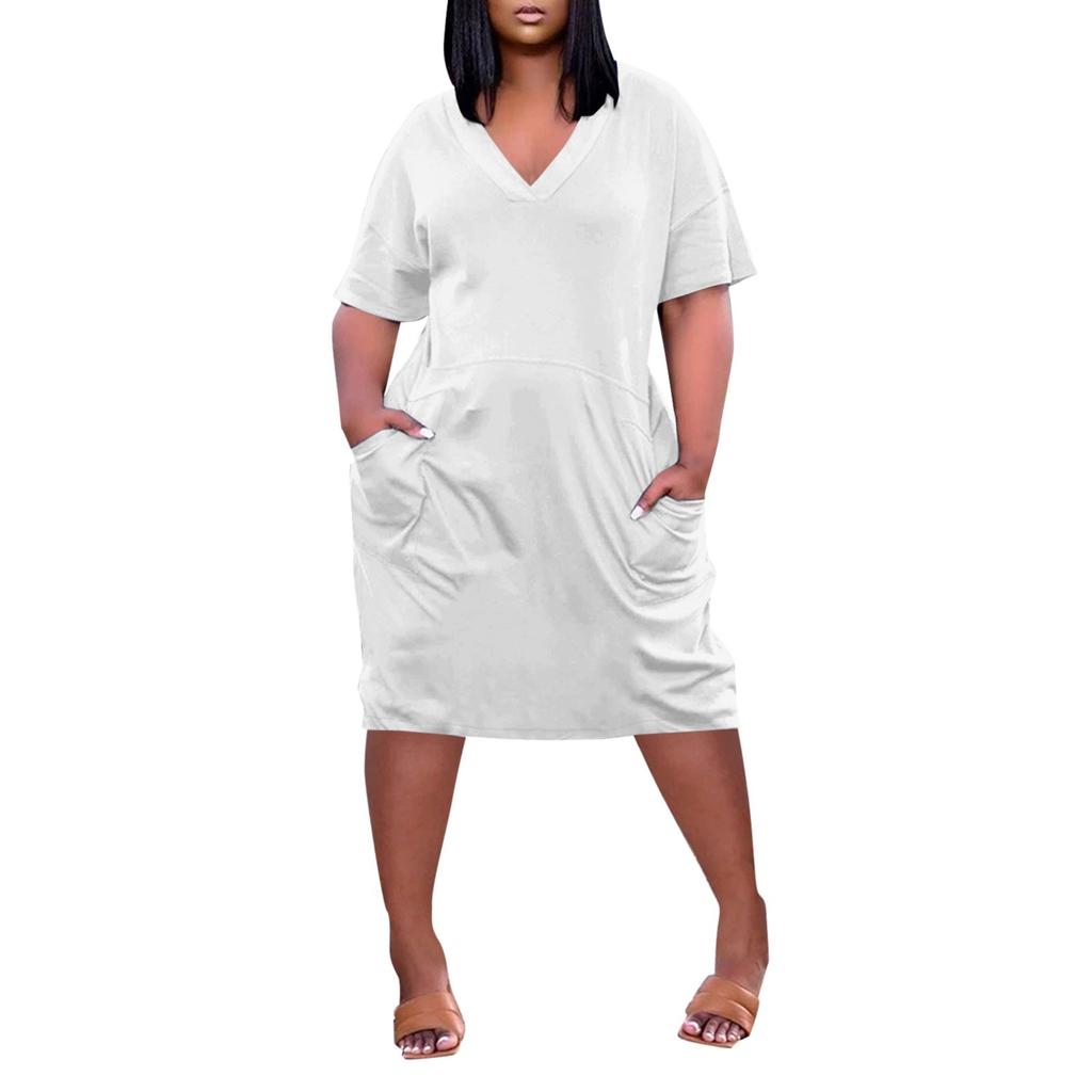 Летнее платье больших размеров с V-образным вырезом и коротким рукавом с карманом до колена, однотонное повседневное платье для женщин