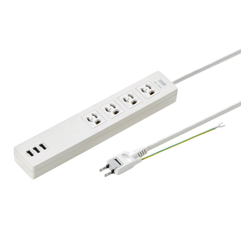SANWA SUPPLY USB Charging Power Strip, 3-Pin, 4-Outlet, 3 USB A Ports (3A Total Output), Magnetic Backing, 2m, TAP-F37U-2