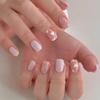 24Pcs Pink Flower Square Fake Nails With Glue Cute White Artificial Press On Acrylic Nails Wearable False Nails