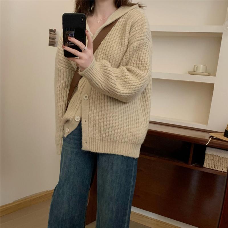 Корейская версия с капюшоном, толстый ленивый стиль, свитер, куртка, кардиган, женская осенне-зимняя свободная верхняя одежда, большая шапка, вязаный свитер