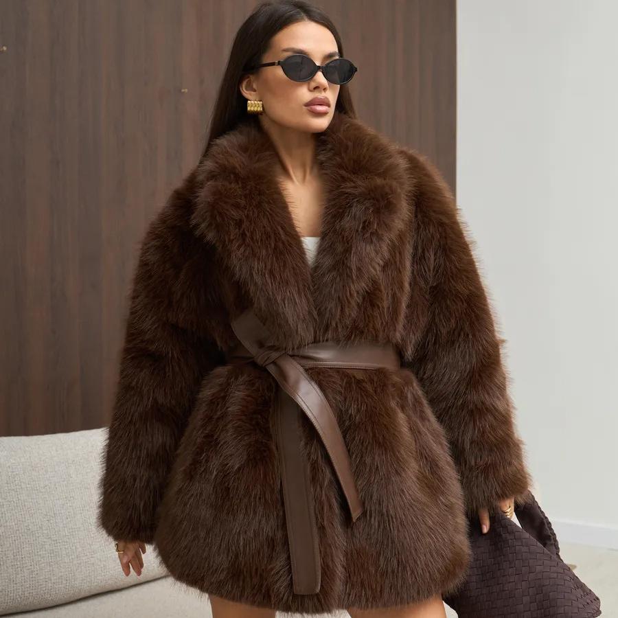 Imitation Fur Coat, Leather Belt, Waist Cinched Fox Fur, Women's Environmentally Friendly Synthetic Fur Jacket