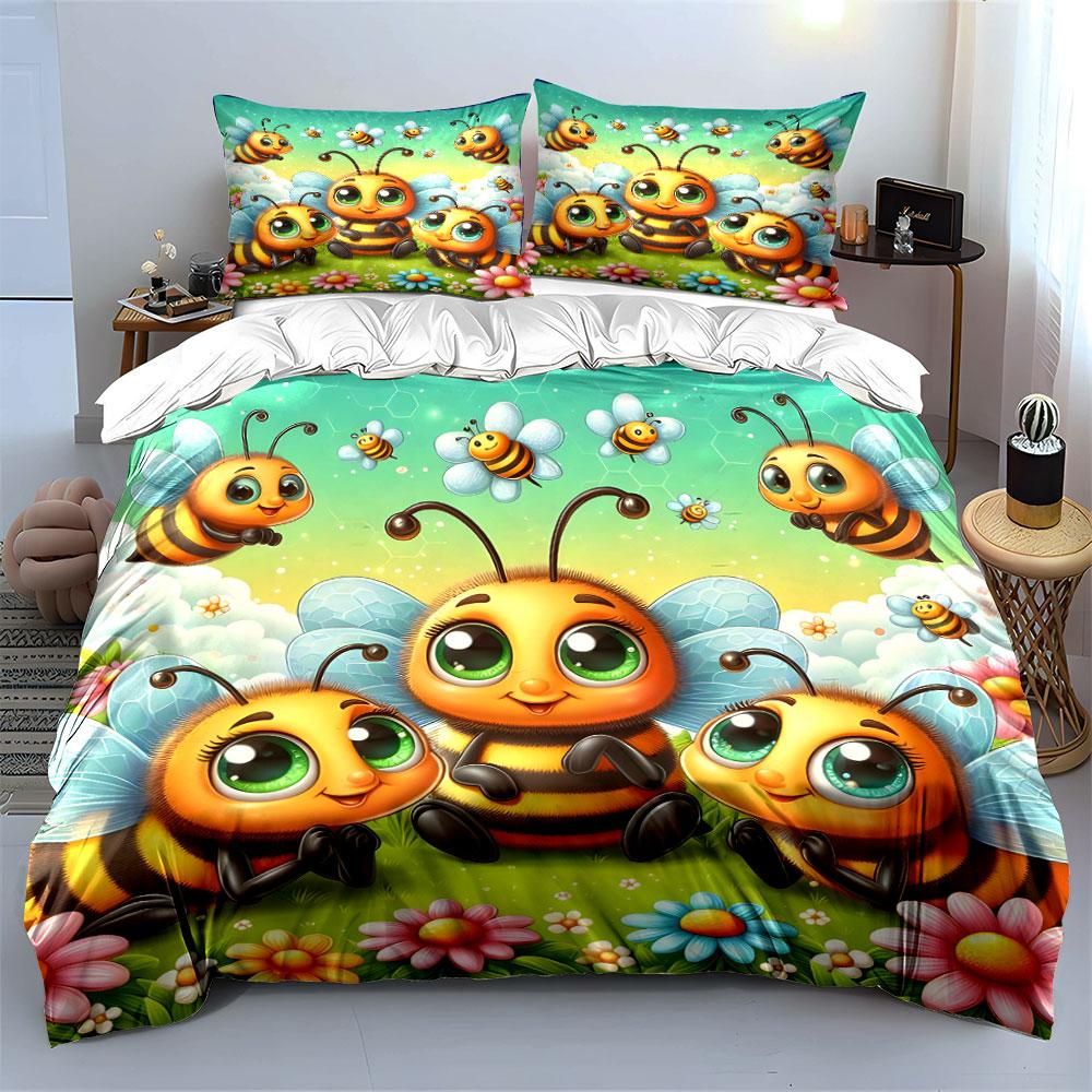 Cute Bee Family with Flowers Bedding Duvet Cover Set (1*Duvet Cover 2*Pillowcases, without duvet insert)