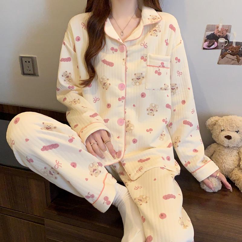 Air cotton sandwich pajamas women's autumn and winter long-sleeved cute dachshund dog polka dot warm loungewear set