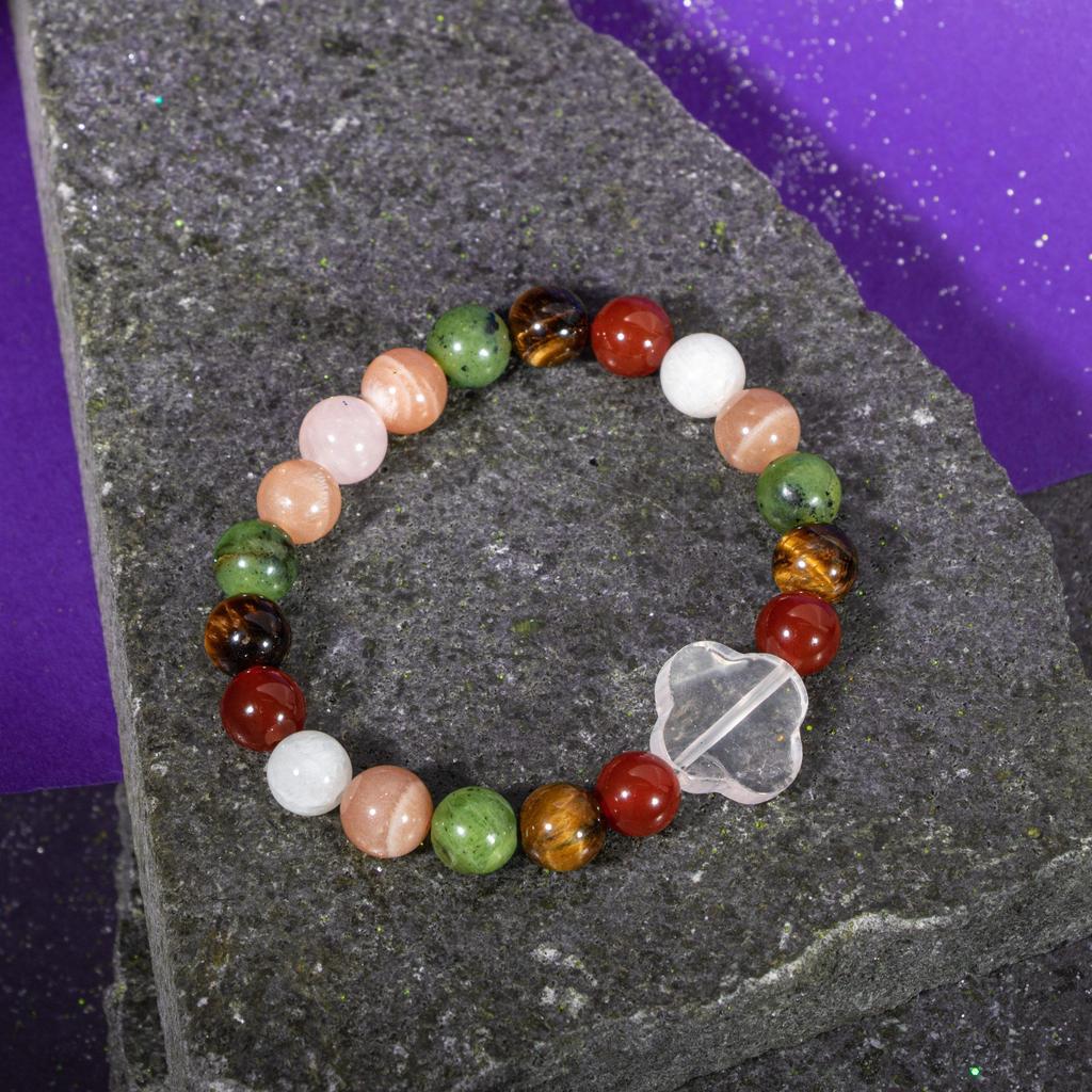 Браслет Близнецы Лунный камень, Солнечный камень, Тигровый глаз, Красный агат, Розовый кварц, Нефрит