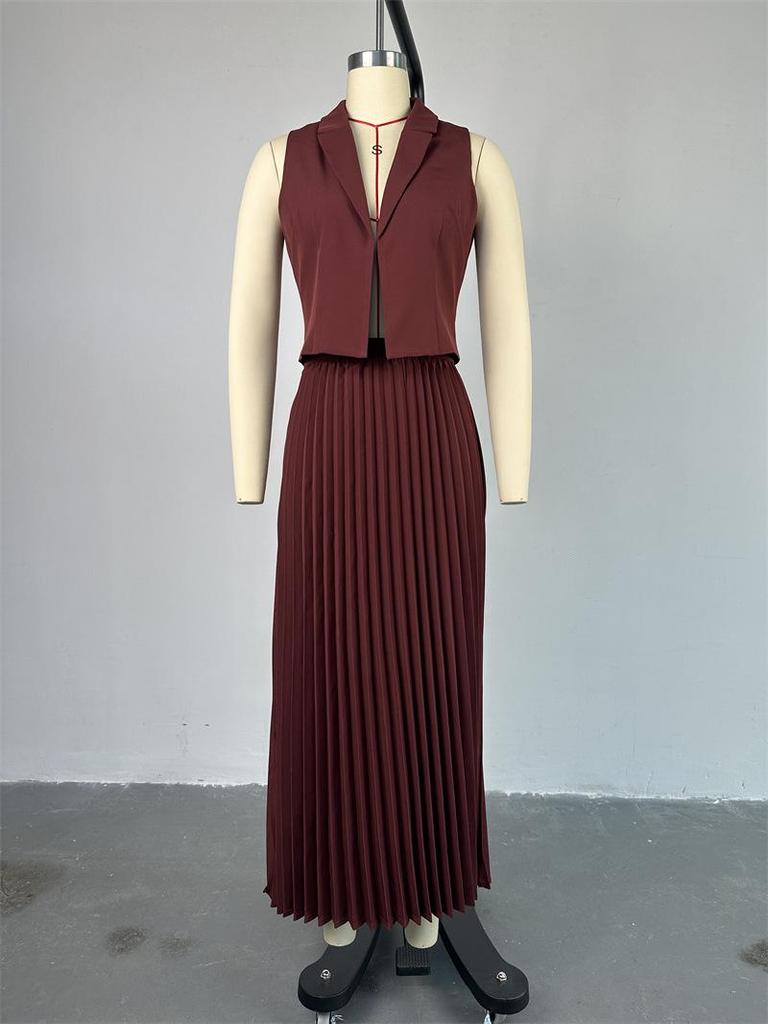 Летний женский костюм 2024 года: Жилет с воротником-стойкой и плиссированной юбкой средней длины