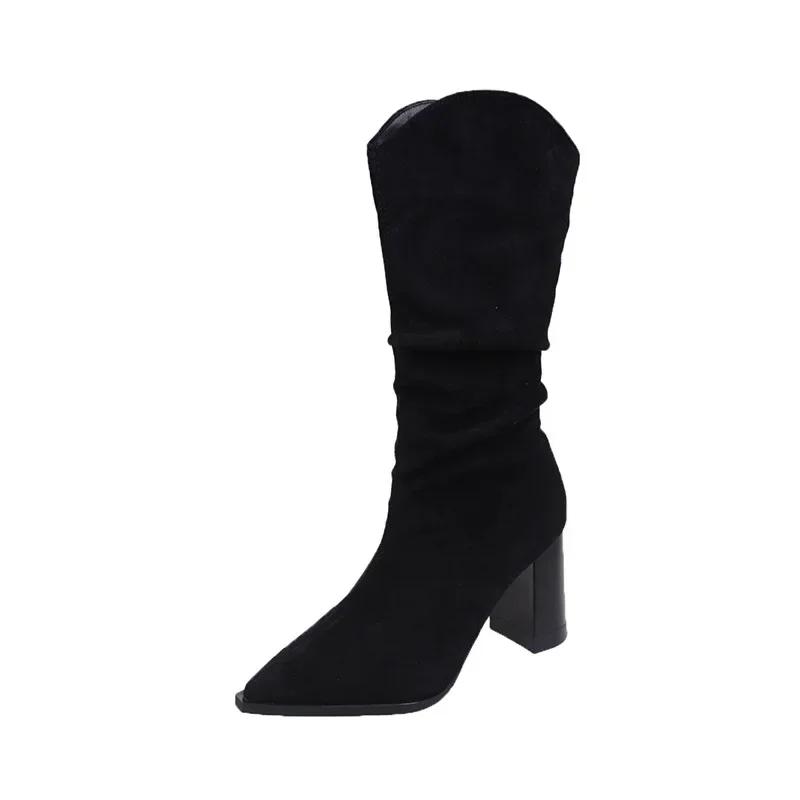 Модные женские сапоги до колена, эластичные, осень-зима, новые, однотонные, модные, на толстом каблуке, женские, повседневные, на платформе, высокие, Botas2024
