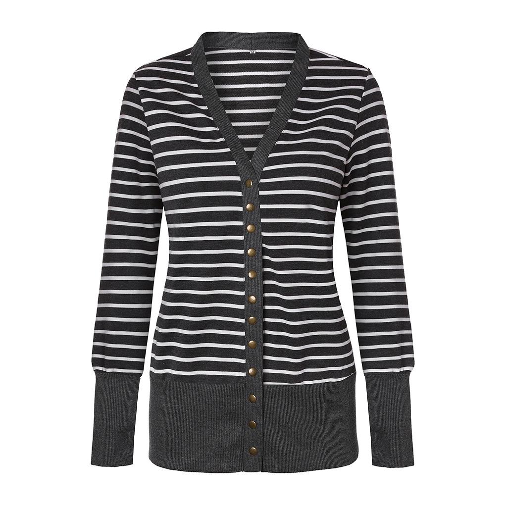 Women's Long Sleeve Ribbed Neckline Open Front Stripe Snap Button Down Knit Cardigans Sweater Coats