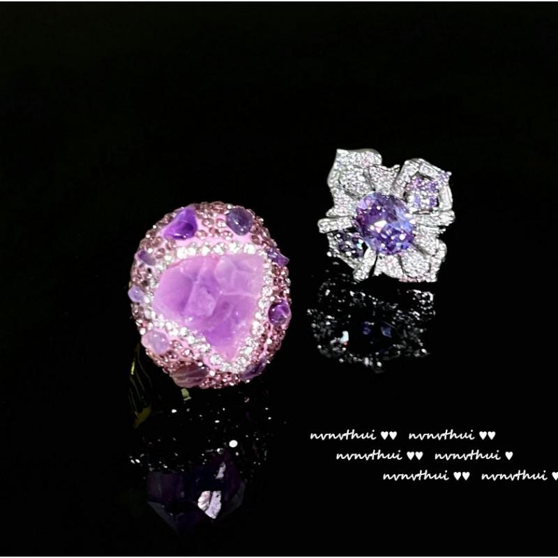 Винтажное Цветочное Кольцо с Фиолетовым Кубическим Цирконием Покрытие 18K Золото Регулируемое Открытое Кольцо Женское