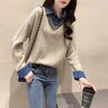 Spring and Autumn Women's Patchwork Denim Shirt Collar Fake Two Piece Sweater Loose Pullover Knit Sweater Long Sleeve Top