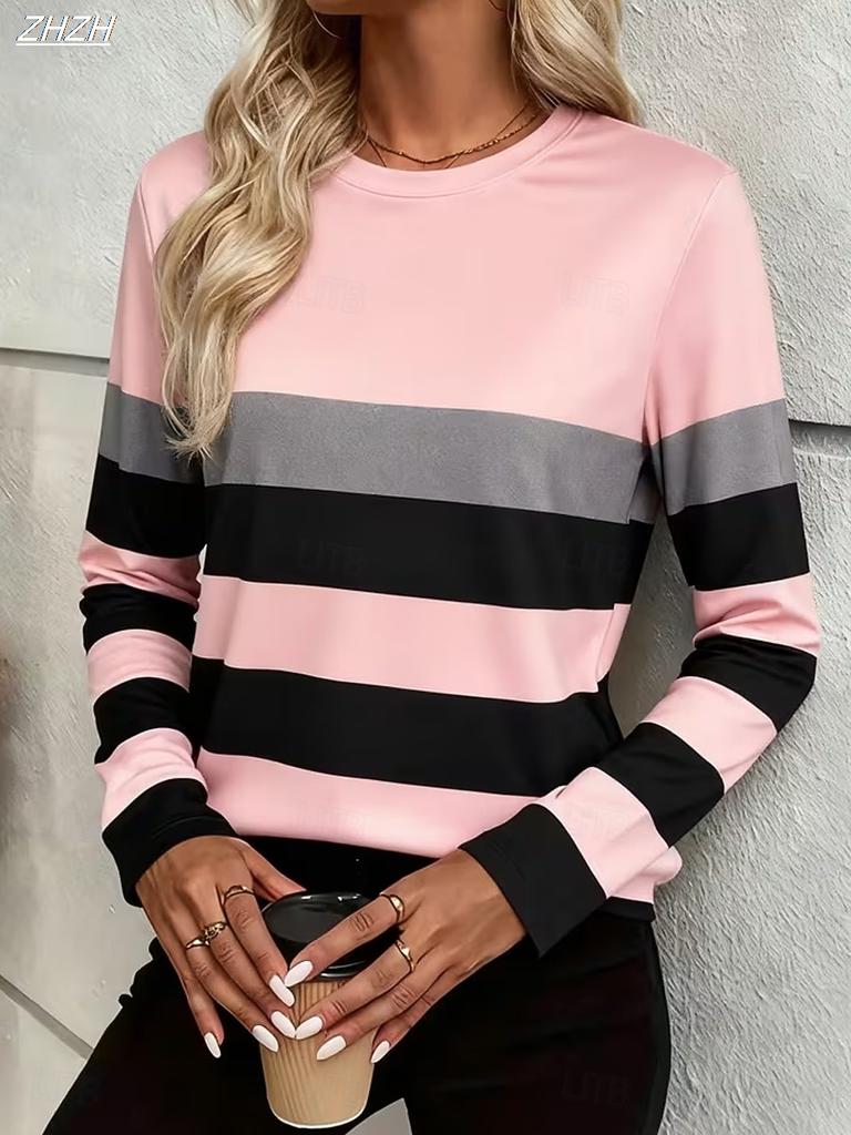 Women's T Shirt Print Graphic Striped Fashion Classic Casual Long Sleeve Crew Neck Regular Tops Daily Weekend Spring Fall