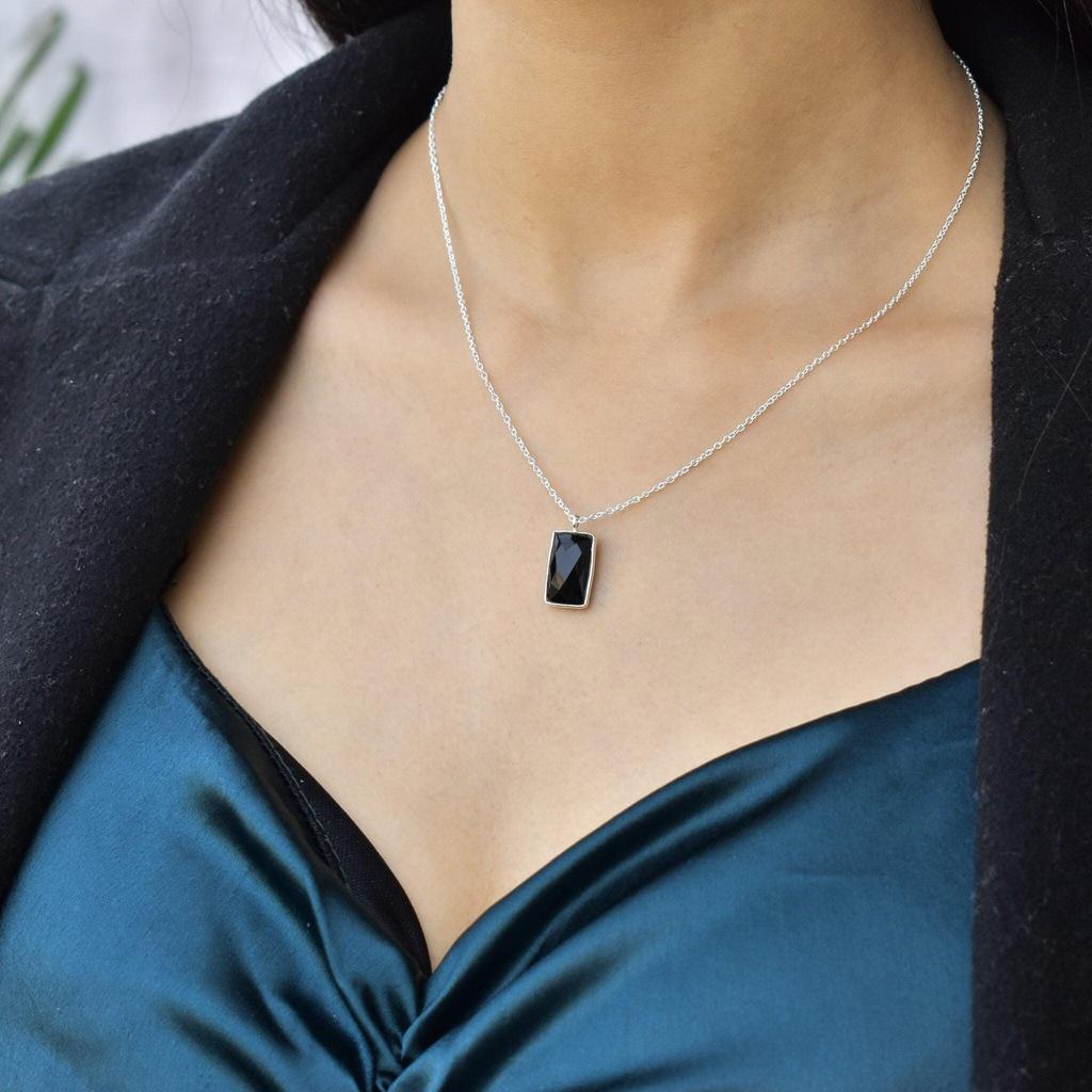 Black Onyx necklace Onyx handmade necklace for women Sterling silver rose cut pendant Briolette cut stone necklace Gifts for mom