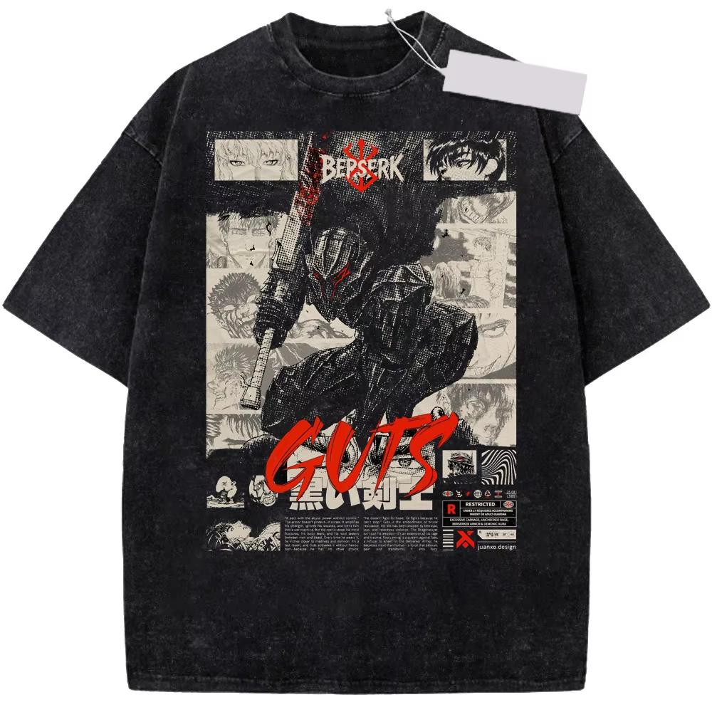 Classis Dark Anime Berserk Guts Graphic Print T-shirt Men Women O-neck Cotton Short Sleeve Oversized Top Retro Washed Harajuku Fashion Summer New Tee