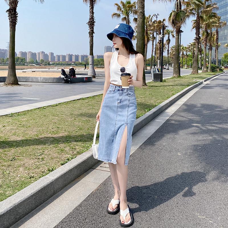 Новая модная женская летняя джинсовая юбка-макси, повседневная облегающая длинная юбка с высокой талией и разрезом, клубная юбка в уличном стиле