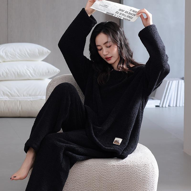 Пижама Женская Зимняя Полуфлисовый Комплект Черный Осень И Зима Флис Утолщенный Коралловый Флис Домашняя Одежда