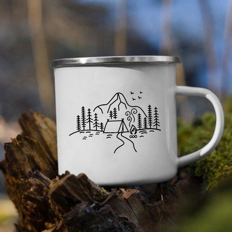 Mountain Camping Adventure Print Enamel Creative Coffee Water Milk Cups Camping Mugs Handle Drinkware Vacation Hiking Mug Gifts