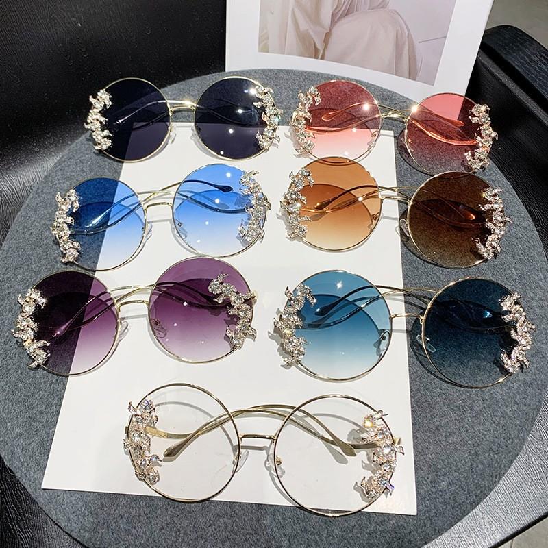 New Style Frameless Cut-edge Diamond Sunglasses With Wave Design Temple Glasses Fashionable Round Rhinestone Sunglasses