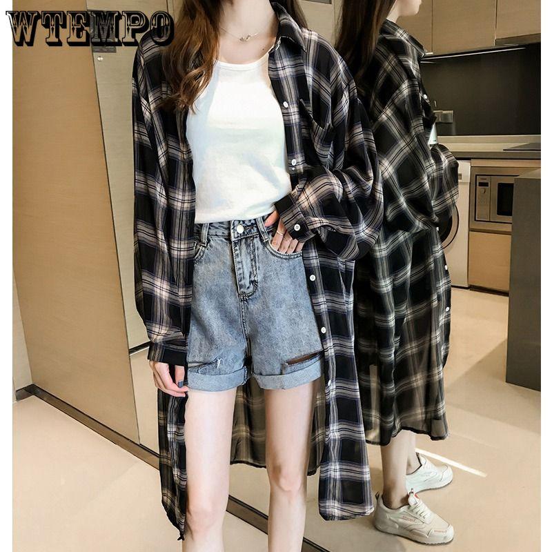Summer Coat Loose Top Plus Plaid Mid Length Long Sleeved Cardigan Thin Cut Sun Protection Shirt Shirt