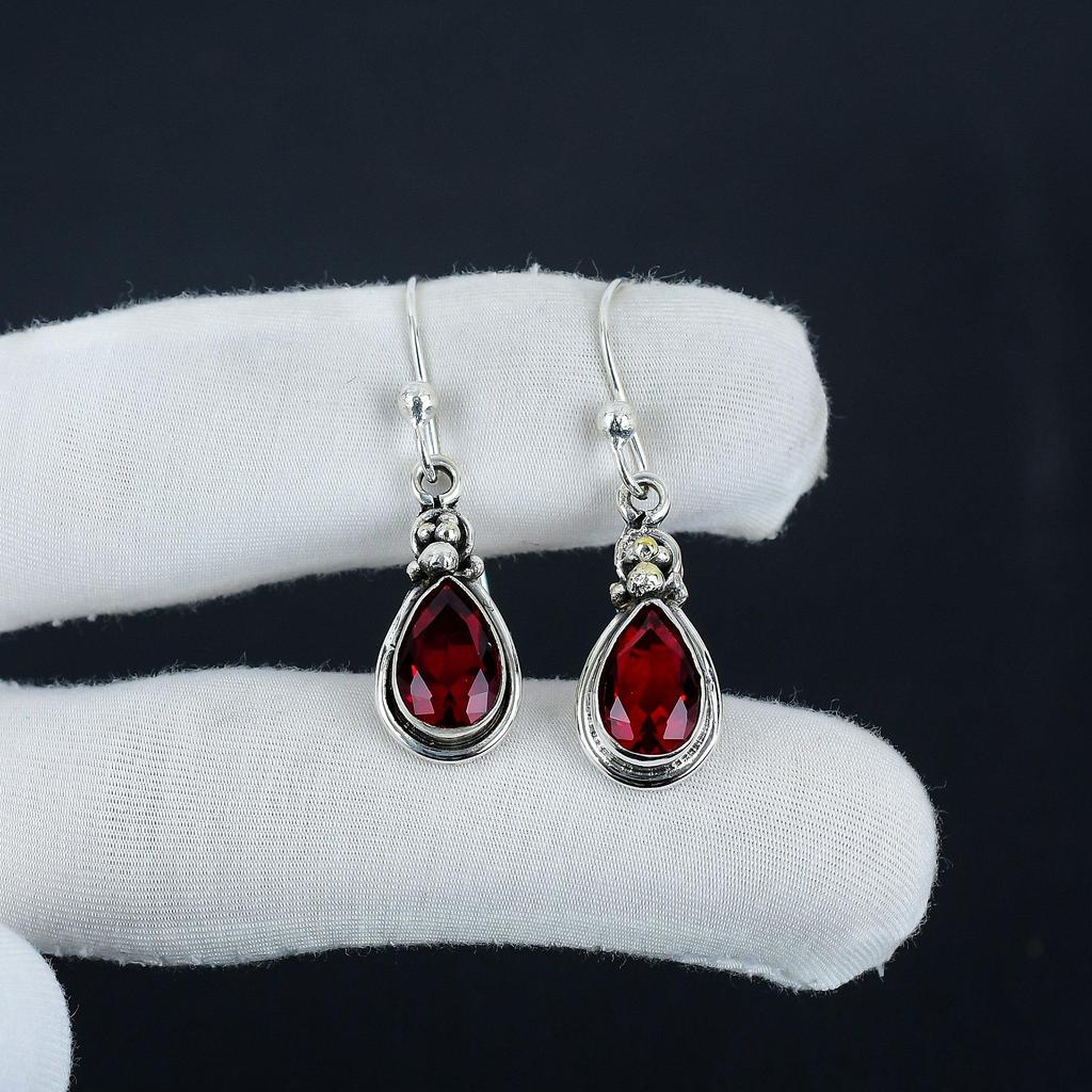 Red Garnet Drop Earrings 925 Sterling Silver Handmade Boho Dangle Jewelry Mother's Day Gift