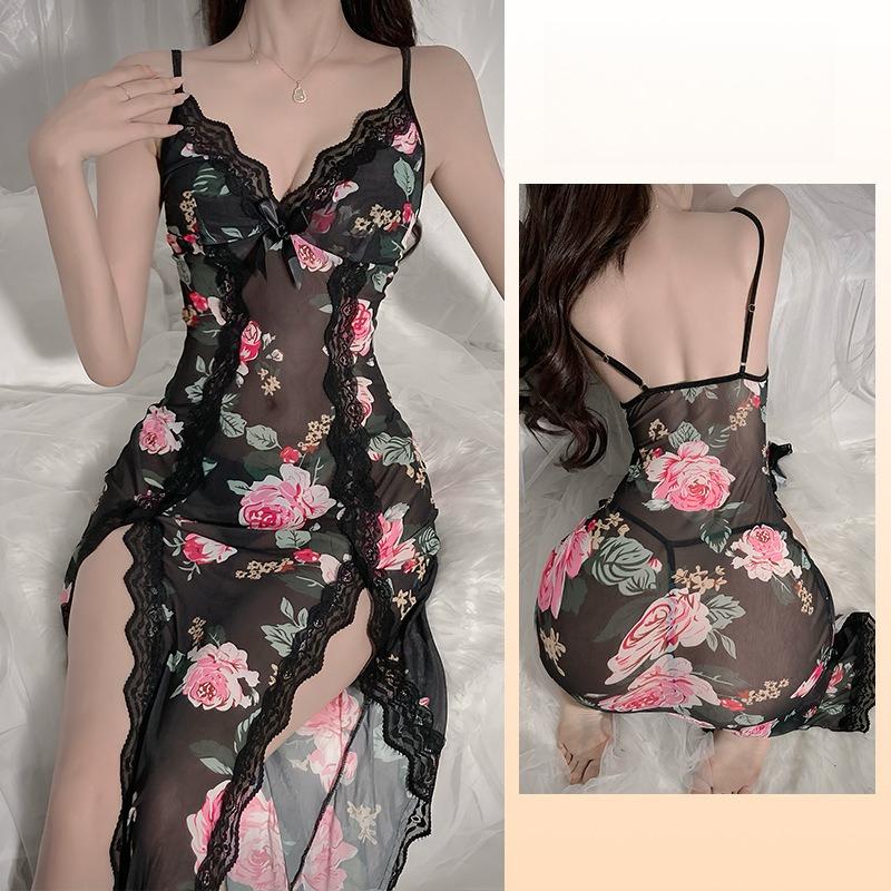 Сетчатая ночная рубашка с цветочным принтом и кружевом, прозрачная, длинная, с высоким разрезом, женская одежда для дома 769, романтичная, женственная, одежда для сна с красивыми цветочными узорами